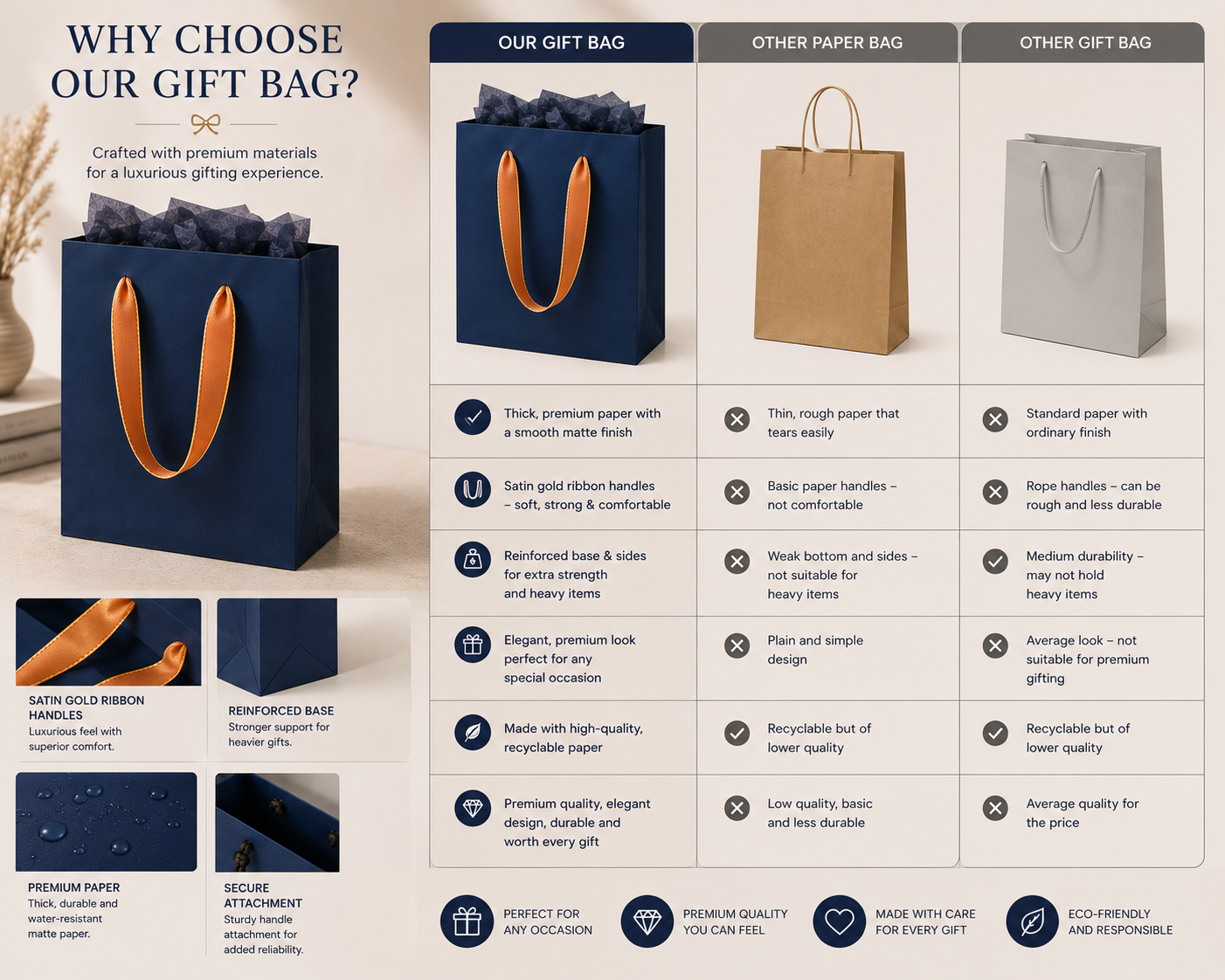 Luxury Navy Blue Paper Gift Bags with Gold Satin Handles, Heavy Duty Small Favor Bags for Jewelry, Perfume, Cosmetics, Weddings, Birthdays, and Party Favors - Image 6