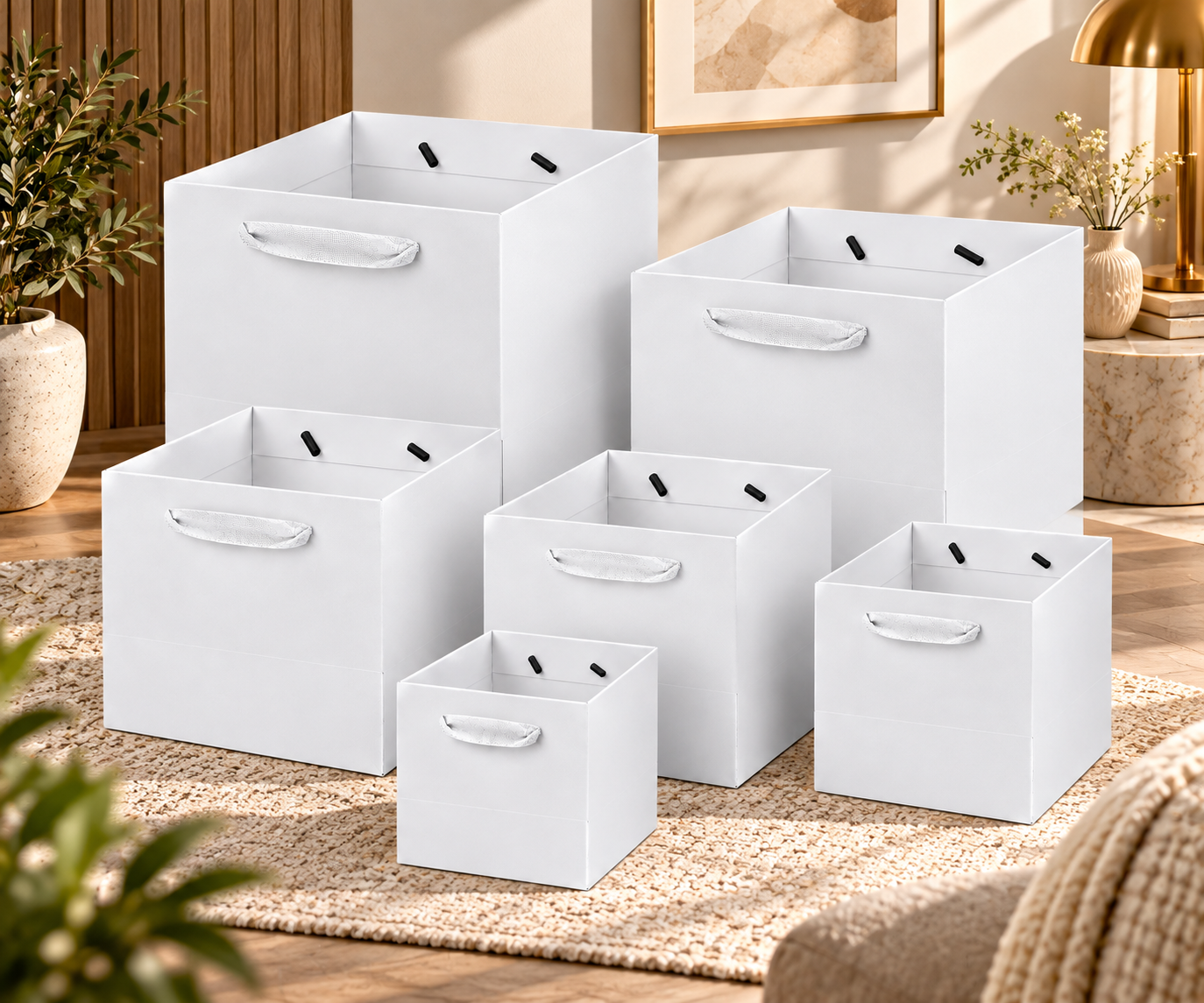 250 GSM white paper gift bags with ribbon handles