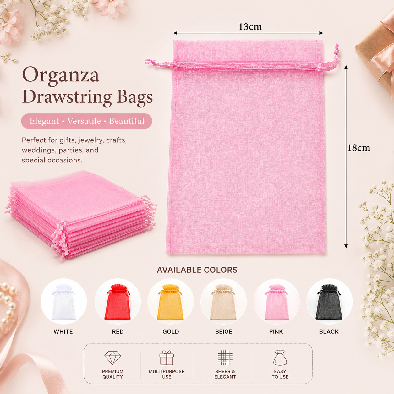 Pack Of 50 Pcs 13x18cm Drawstring Organza Pouches (6 Colors Available), Premium Jewelry Pouches, Party Festival Gift Pouches. - Image 2