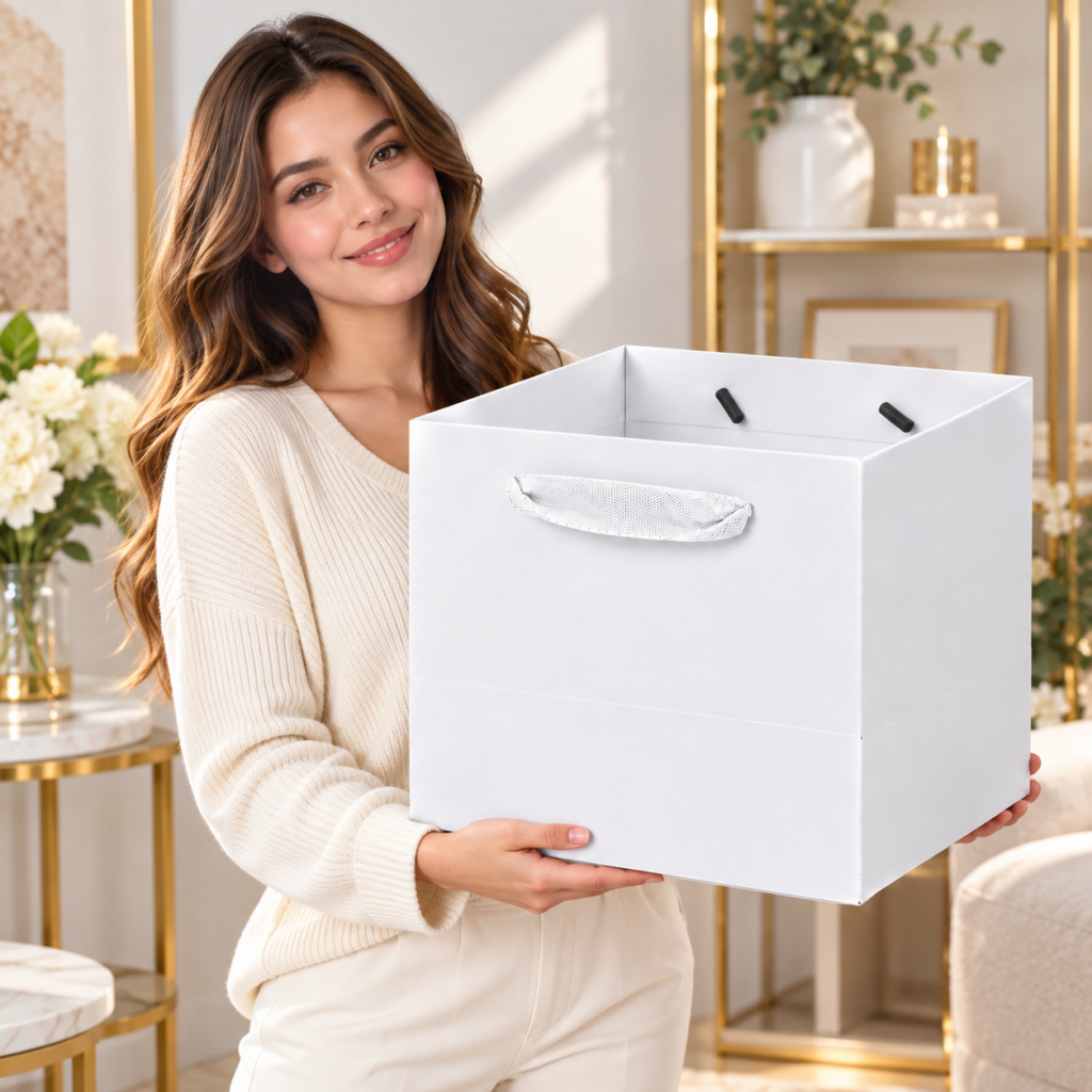 250 GSM white paper gift bags with ribbon handles