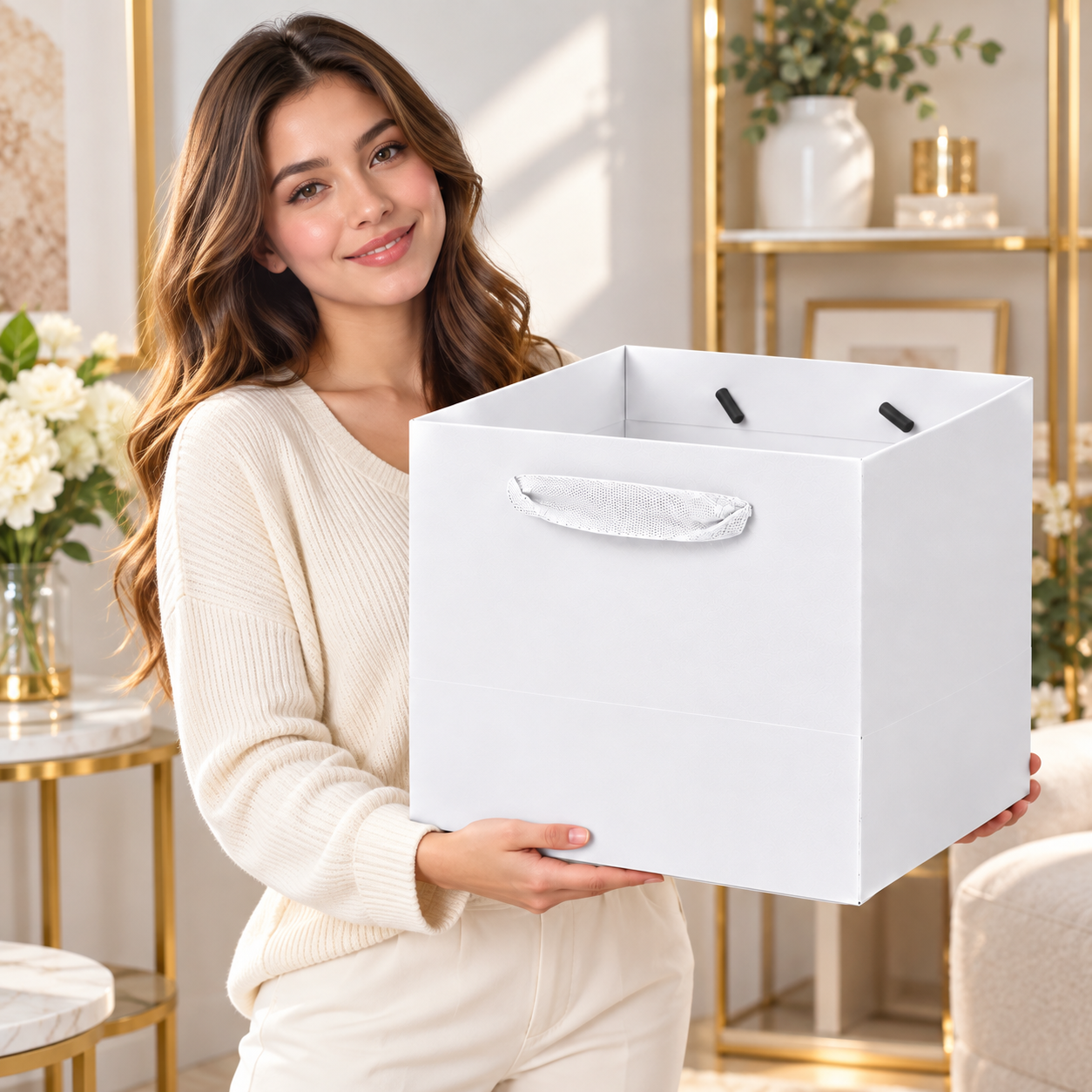 250 GSM white paper gift bags with ribbon handles
