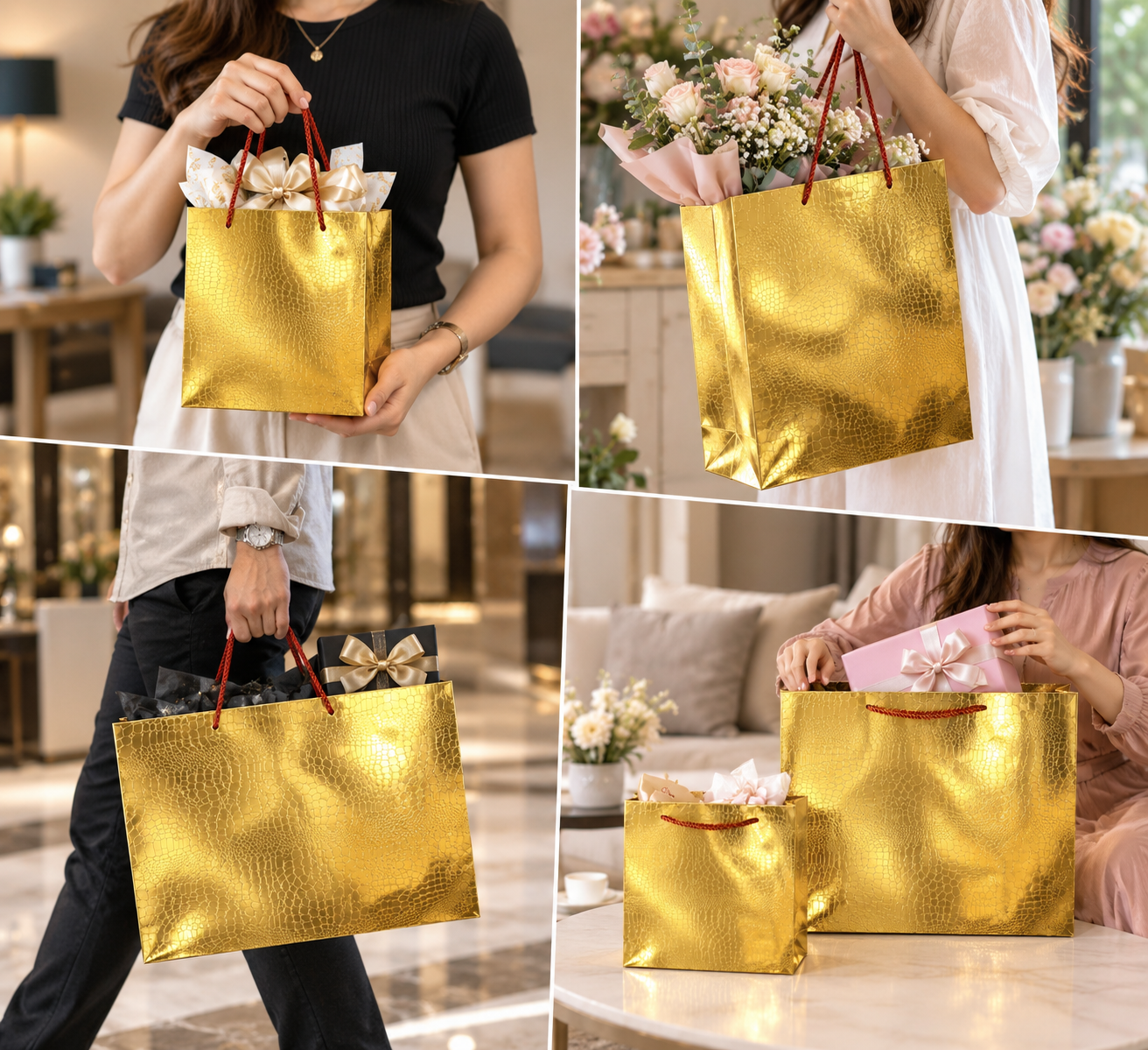 Gold Gift Bags with embossed crocodile pattern and rope handles