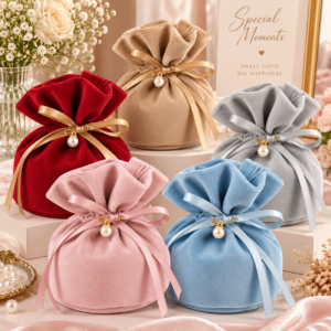 Red Dot Gift H13x9cm Velvet Pouch with Round Base and Pearl Accent (6 Color Options) – Soft Drawstring Jewelry and Gift Packaging Bags for Party Favors, Trinkets, and Small Accessories