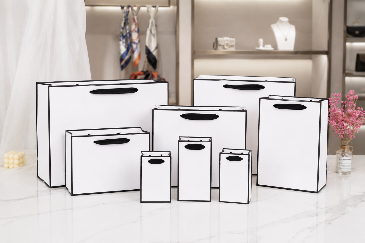 White Gift Bags with Black Border and Grosgrain Ribbon Handles—Premium Paper Shopping Bags for Party Favors, Wedding Favors, Bridal Showers, Baby Showers, Birthday Celebrations, Mother’s Day, Retail Packaging & Presents - Image 5