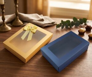 Elegant Gold Box with Window (26 cm x 35 cm x 6.5 cm) Paper Gift Box, Gift Box, Decorative, and Lid—Perfect for Presents, Favors, and Treat Packaging.