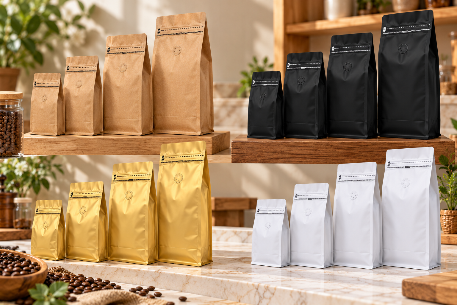 Red Dot Gift Coffee Bags with Valve (4-Size Options) – Flat Bottom Aluminum Foil Coffee Bean Storage Bags with Side Zipper