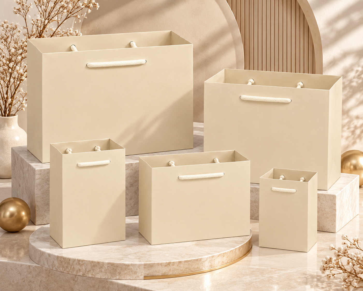 Beige textured paper gift bags with handles in several sizes