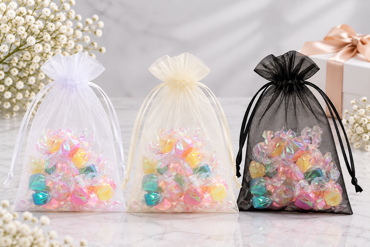 Pack Of 20 Pcs 30×40cm Drawstring Organza Pouches, (3 Color Available) Premium Jewelry Pouches, Party Festival Gift Pouches.