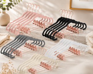Non-Slip Velvet Hangers & Rose Golden Clip 42.5cm/16.8 Inch - 360 Degree Rotatable Hook - Durable & Slim - for Coat Hangers - Pant Hanger.
