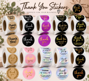 Red Dot Gift 5cm Round Black Thank You Stickers Labels Roll (2 Size Options, 9 Design Options) – Waterproof Gold Foil Purchase Seals with Beautiful Design for Product Packaging, Retail Orders, and Gift Wrapping