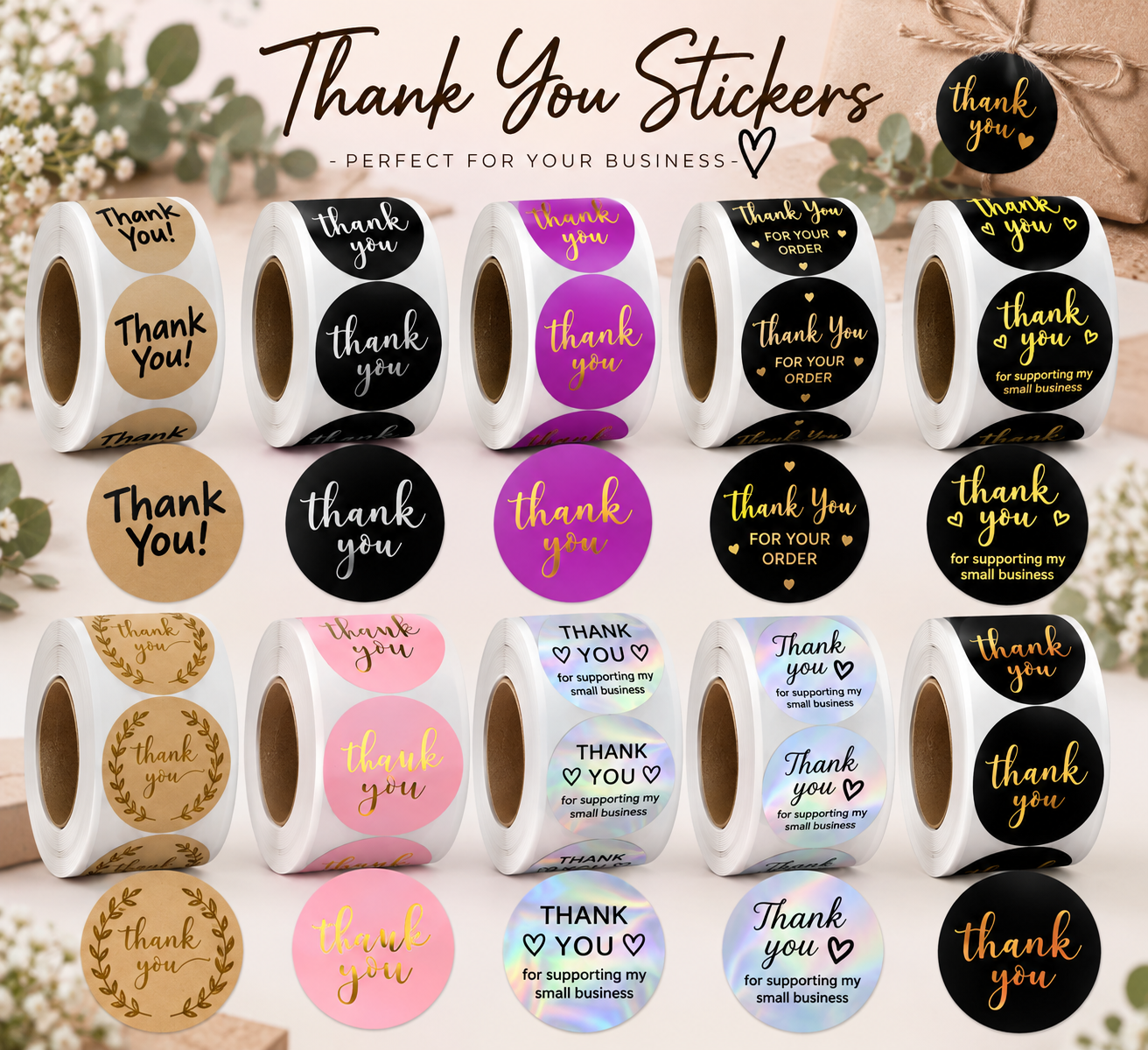 Red Dot Gift 5cm Round Black Thank You Stickers Labels Roll (2 Size Options, 9 Design Options) – Waterproof Gold Foil Purchase Seals with Beautiful Design for Product Packaging, Retail Orders, and Gift Wrapping