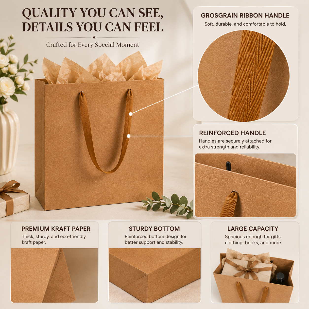 Kraft Plain Paper Shopping Gift Bags 230 GSM Heavy Duty Thick Paper Carry Bags with Soft Ribbon Handles, Brown Packaging Bags for Retail, Party Favors, Weddings & Birthdays - Image 5
