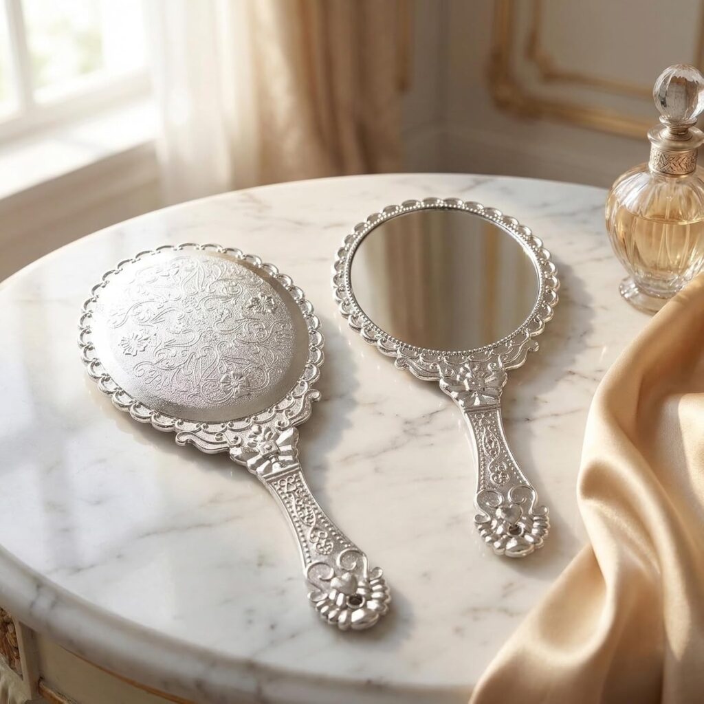 vintage handheld mirror with embossed flower design