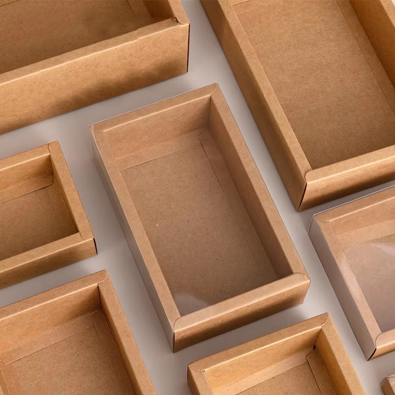 kraft drawer boxes with clear transparent sleeve lid