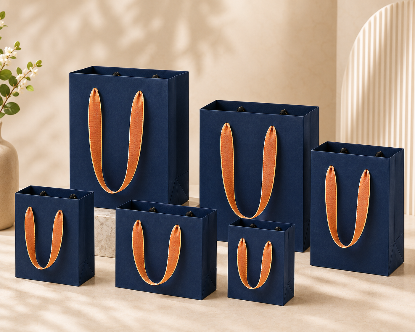 Luxury Navy Blue Paper Gift Bags with Gold Satin Handles, Heavy Duty Small Favor Bags for Jewelry, Perfume, Cosmetics, Weddings, Birthdays, and Party Favors