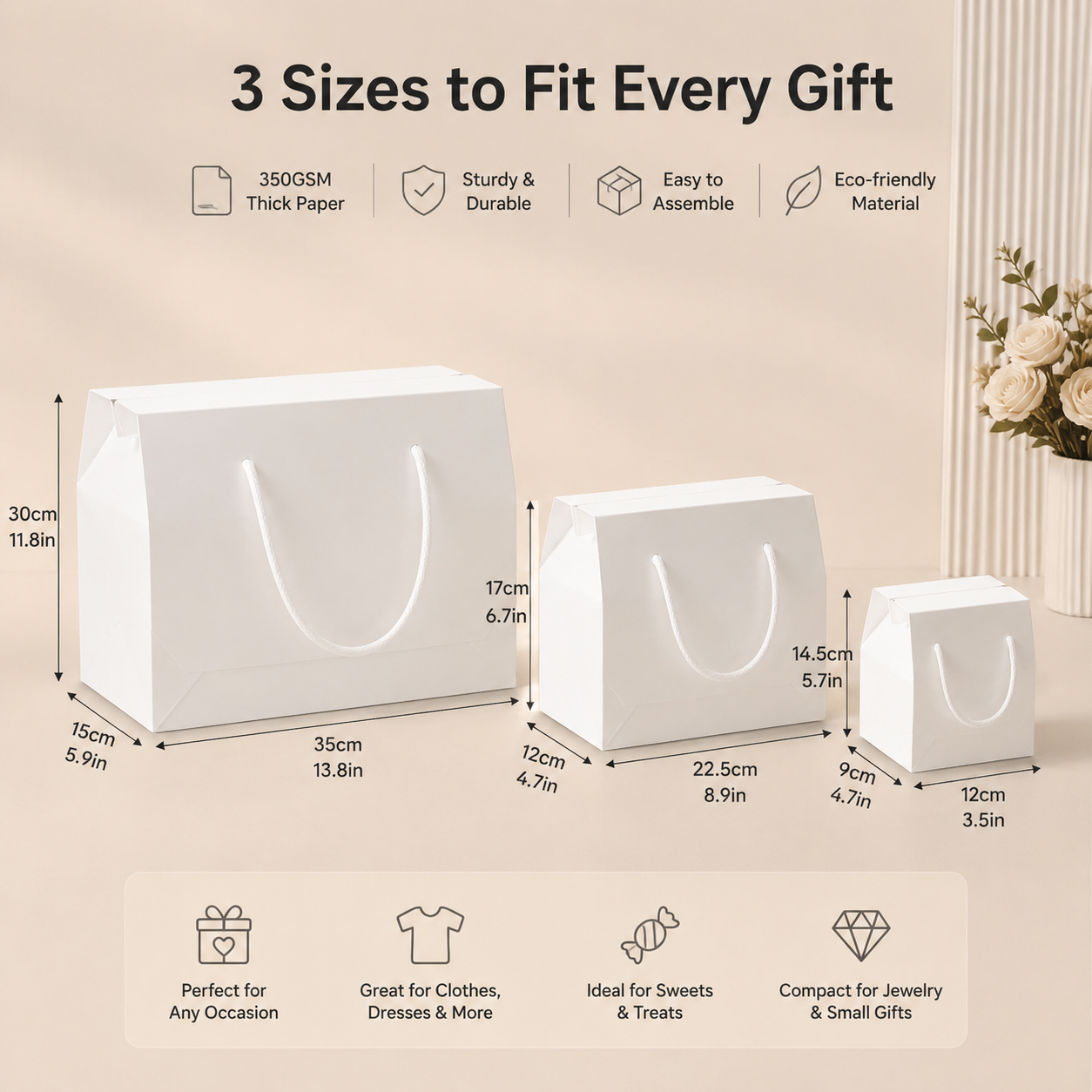 White DIY Flat Gift Boxes With Handle 3 Sizes Options Made By 350Gram Thickness White Art Paper For Sweets, Gifts