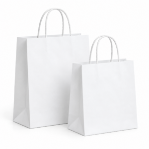 White paper bags with handles for gift and retail packaging