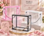 Transparent plastic gift boxes with pink, black and white borders and cord handles