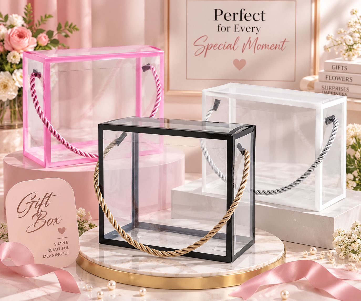 Transparent plastic gift boxes with pink, black and white borders and cord handles