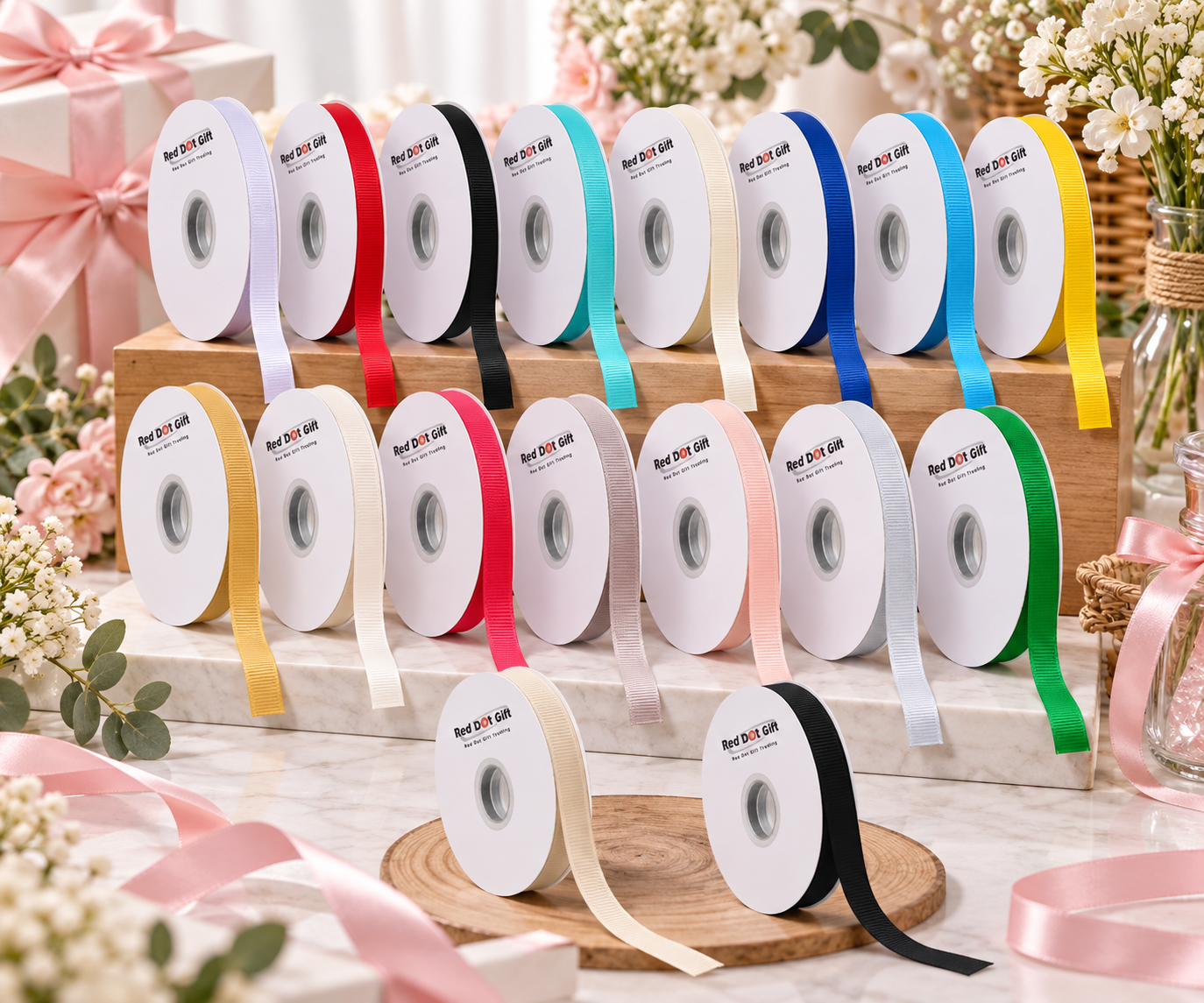 Red Dot Gift - 1 Pack - 3/8" (1 cm) x 50 Yards - Grosgrain Ribbon - Premium Quality Ribbon for Crafts, Sewing, Gift Wrapping, DIY Bows, Scrapbooking & Decoration