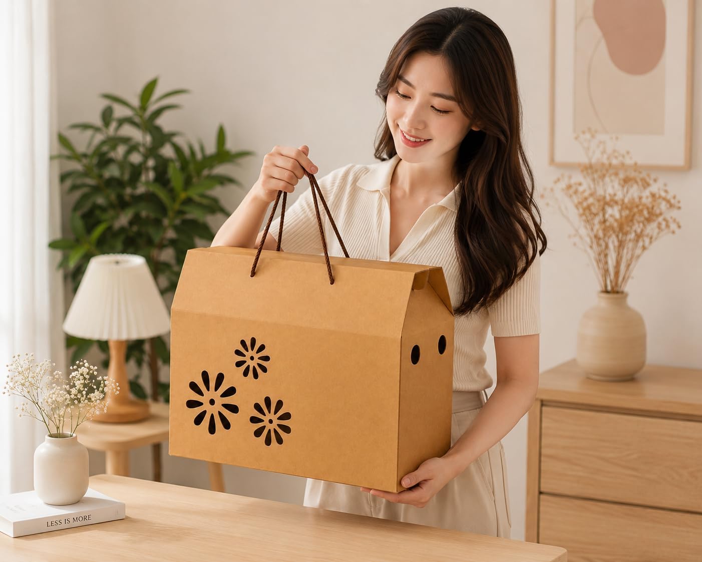 Red Dot Gift Pack Kraft Paper Case Box with Handles 2-Layer Corrugated Carton, Floral Cutout Design, Heavy-Duty Brown Gift Bags for Birthdays, Parties & Retail Packaging - Image 6
