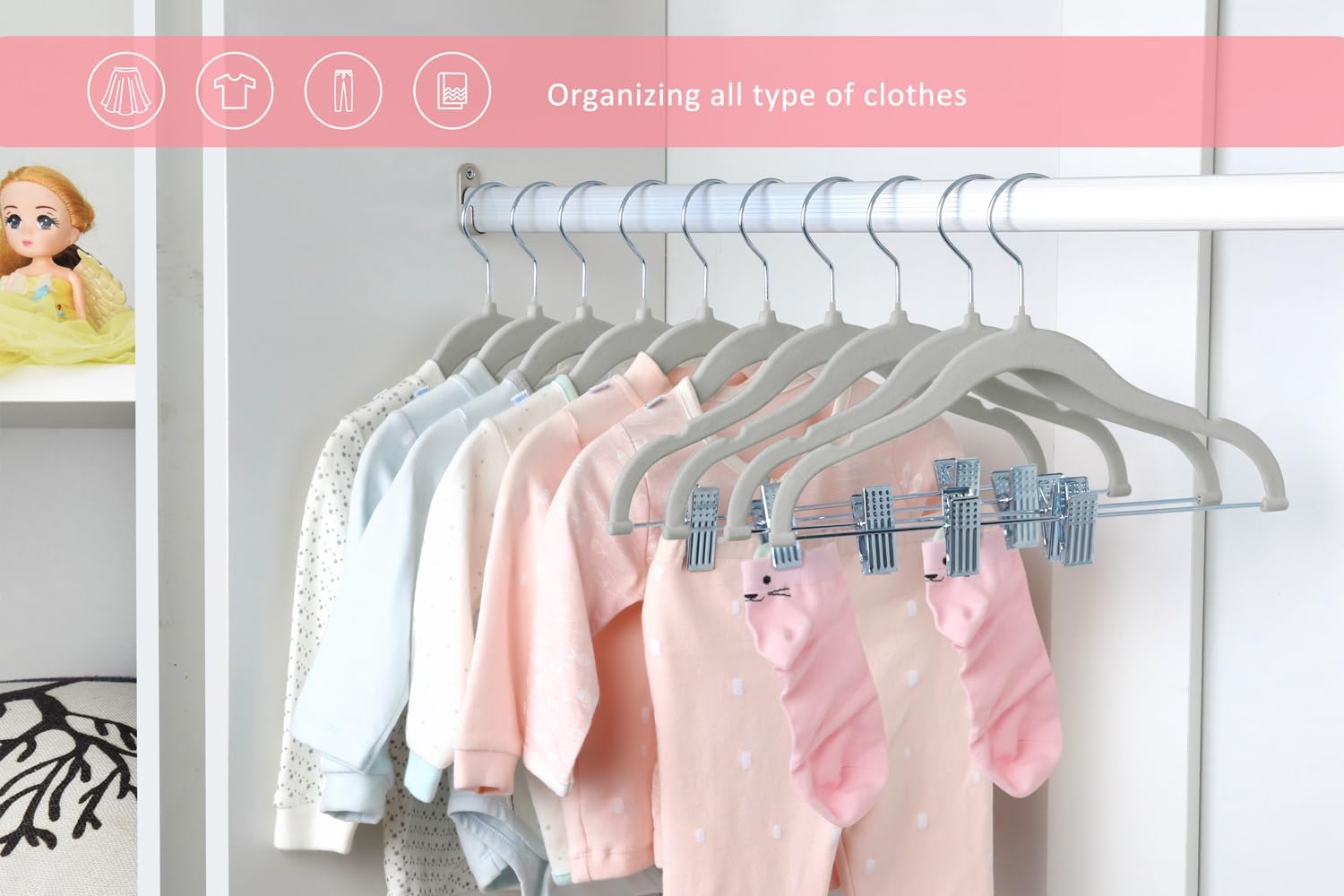Baby Velvet Hangers 11.8'' with Movable Clips, Non-Slip Kids Clothes Hangers, Ultra-Thin Space-Saving Children's Felt Hangers for Shirts, Pants, Dresses, Skirts, and Jackets - Image 6