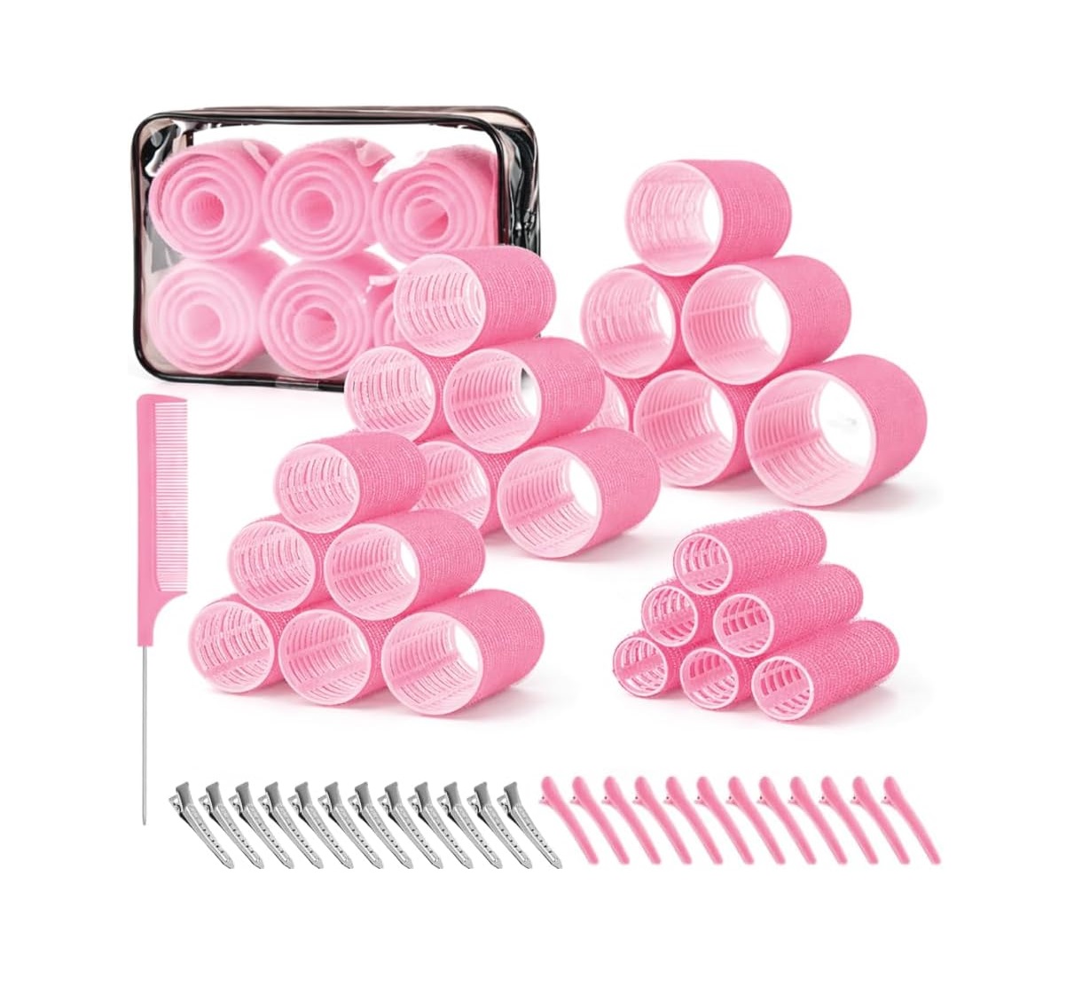 Red Dot Gift 50-Piece Pink Heatless Hair Rollers Set (1-Set Complete Bundle, 4 Mixed Sizes: 25mm, 36mm, 48mm, and 60mm) – Volumizing Self-Grip Hair Curlers Complete with Duckbill Clips and Tail Comb for Long, Short Hair, and Bangs