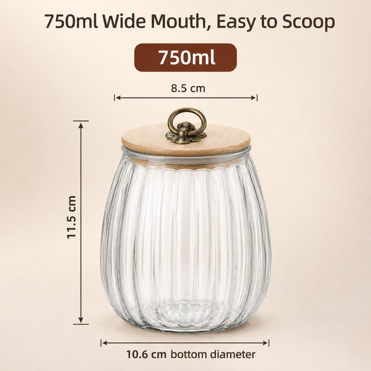 Red Dot Gift Tapered Glass Canister with Bamboo Lid & Antique Bronze/Gold Cloud Loop, Ribbed Trapezoidal Food Storage Jar for Coffee Beans, Loose Tea, Candy, Nuts, Kitchen Pantry - Image 2