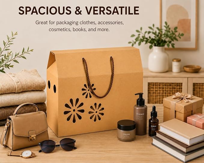 Red Dot Gift Pack Kraft Paper Case Box with Handles 2-Layer Corrugated Carton, Floral Cutout Design, Heavy-Duty Brown Gift Bags for Birthdays, Parties & Retail Packaging - Image 2