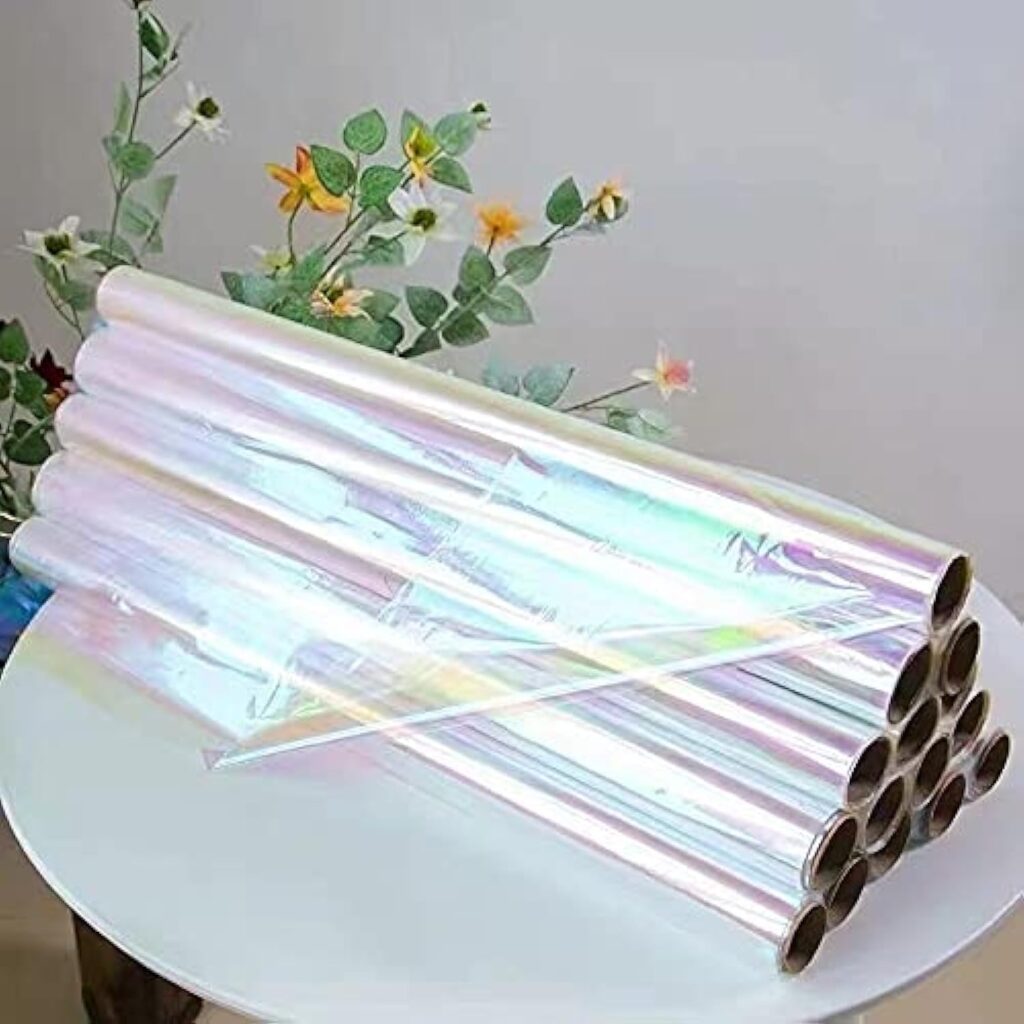 Rolls of iridescent wrapping film with a reflective rainbow finish