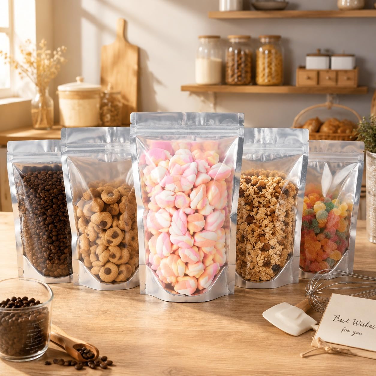 Red Dot Gift Stand Up Mylar Pouches (5 Size Options, 50-Pack, Clear Front, Silver Foil Back) – Resealable Zipper Bags with Expandable Bottom Designed for Candy, Pills, and Small Business Packaging
