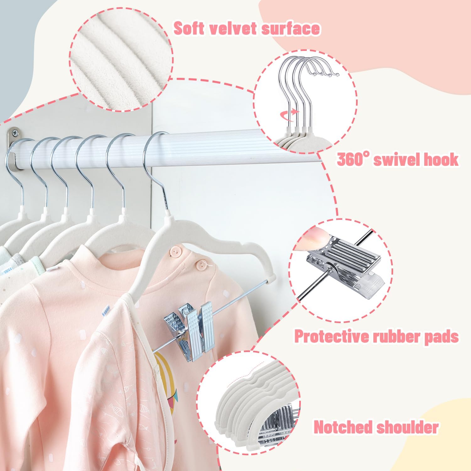 Baby Velvet Hangers 11.8'' with Movable Clips, Non-Slip Kids Clothes Hangers, Ultra-Thin Space-Saving Children's Felt Hangers for Shirts, Pants, Dresses, Skirts, and Jackets - Image 2