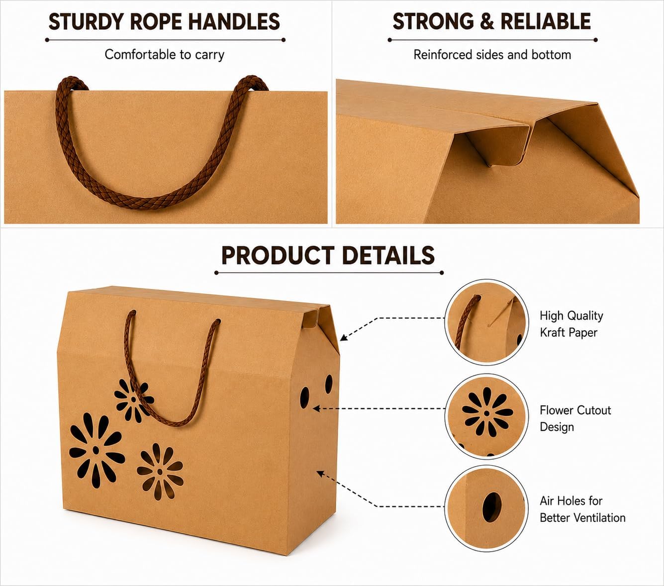 Red Dot Gift Pack Kraft Paper Case Box with Handles 2-Layer Corrugated Carton, Floral Cutout Design, Heavy-Duty Brown Gift Bags for Birthdays, Parties & Retail Packaging - Image 8