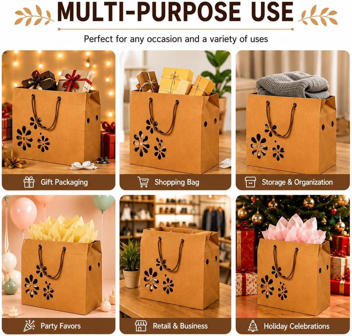 Red Dot Gift Pack Kraft Paper Case Box with Handles 2-Layer Corrugated Carton, Floral Cutout Design, Heavy-Duty Brown Gift Bags for Birthdays, Parties & Retail Packaging - Image 7