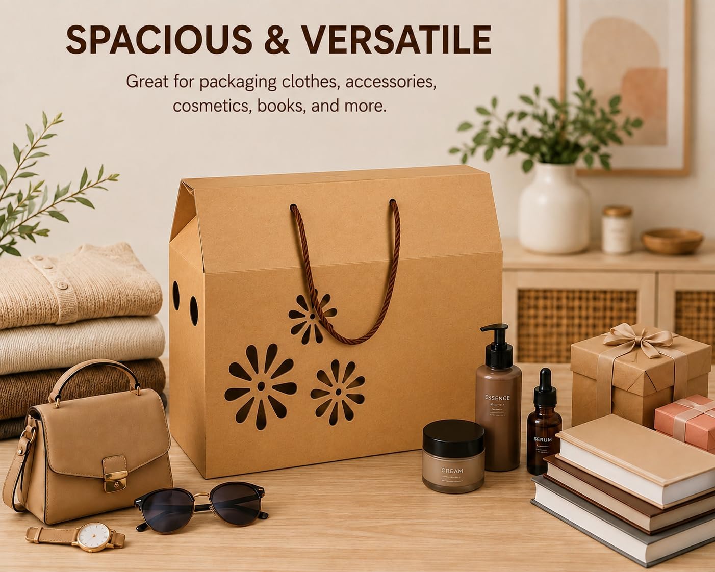 Red Dot Gift Pack Kraft Paper Case Box with Handles 2-Layer Corrugated Carton, Floral Cutout Design, Heavy-Duty Brown Gift Bags for Birthdays, Parties & Retail Packaging - Image 5