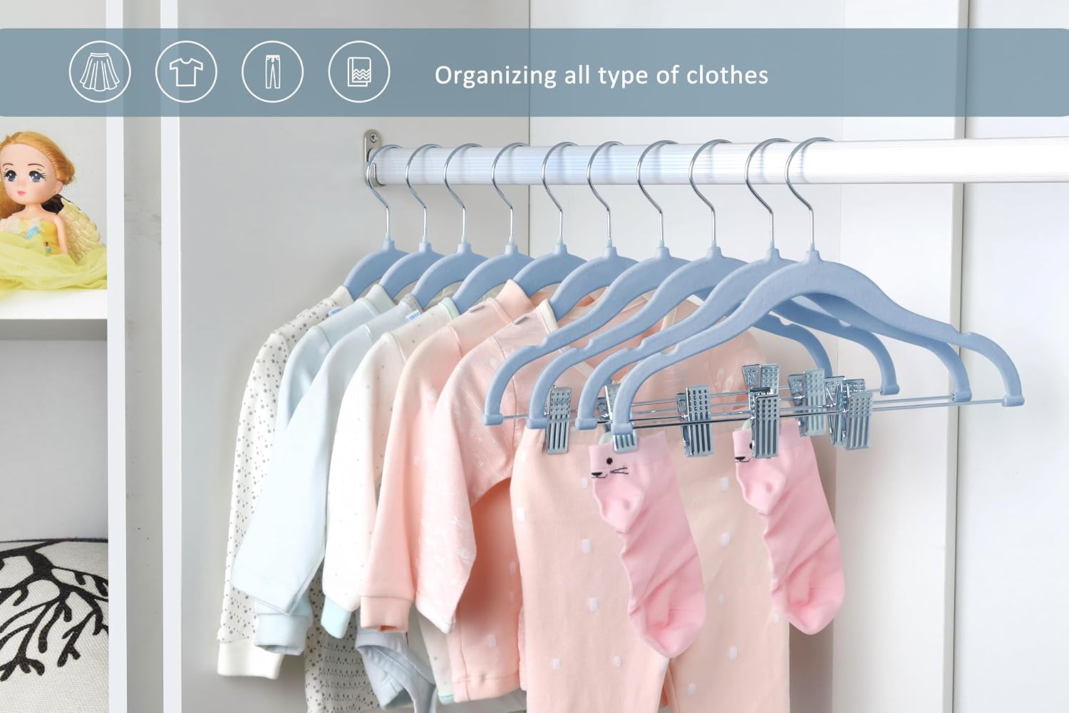 Baby Velvet Hangers 11.8'' with Movable Clips, Non-Slip Kids Clothes Hangers, Ultra-Thin Space-Saving Children's Felt Hangers for Shirts, Pants, Dresses, Skirts, and Jackets - Image 7