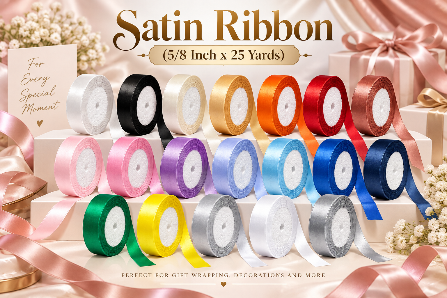 Red Dot Gift Satin Ribbon (5/8 Inch x 25 Yards) – Classic Single-Sided Silk Satin Ribbon Roll for Gift Boxes, Bakery Packaging, Flower Bouquets, Bow Making, and Craft Decorations