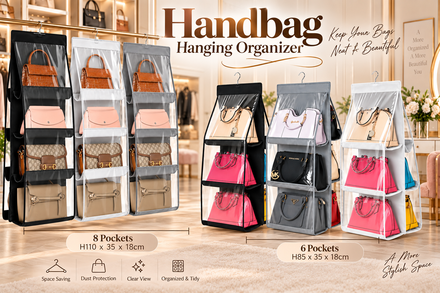 Red Dot Gift Handbag Hanging Organizer (2 variations, 3 Color Options) – Heavy-Duty Non-Woven & PVC Purse Storage Hanger for Space-Saving Wardrobe Organization