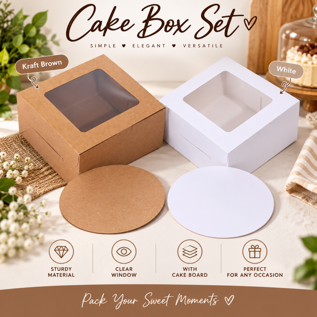 Bakery boxes with clear window in kraft and white with matching cake boards