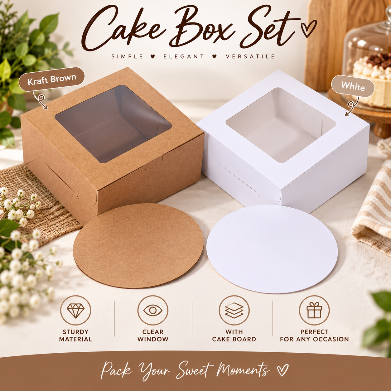Bakery boxes with clear window in kraft and white with matching cake boards