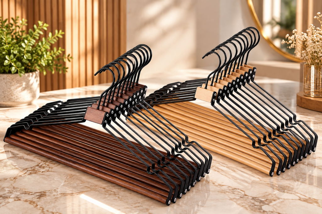 Walnut Metal Hangers wooden look coat and trouser hangers