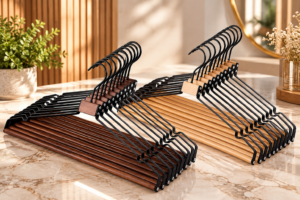 Red Dot Gift Walnut High Grade Metal Hangers (2-Color Options) – Heavy-Duty Wooden-Look Wire Coat, Pant, and Trouser Hangers with Multi-Function Design