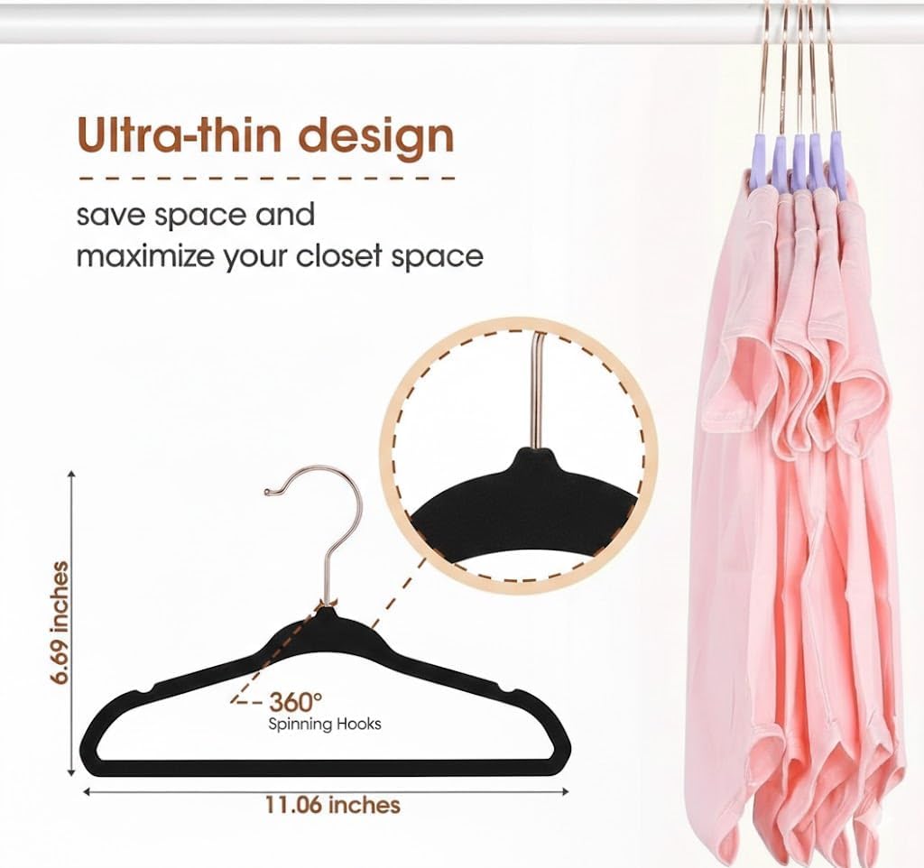Rose-Gold Hook Baby Velvet Hangers 11-Inch Nursery (9 Color Options) Clothes Hangers Non-Slip Toddler Hangers, 360 Chrome - Image 6