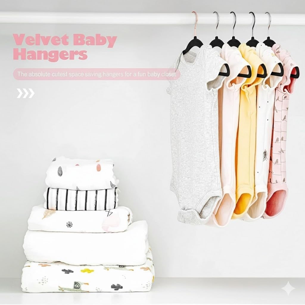 Rose-Gold Hook Baby Velvet Hangers 11-Inch Nursery (9 Color Options) Clothes Hangers Non-Slip Toddler Hangers, 360 Chrome - Image 7