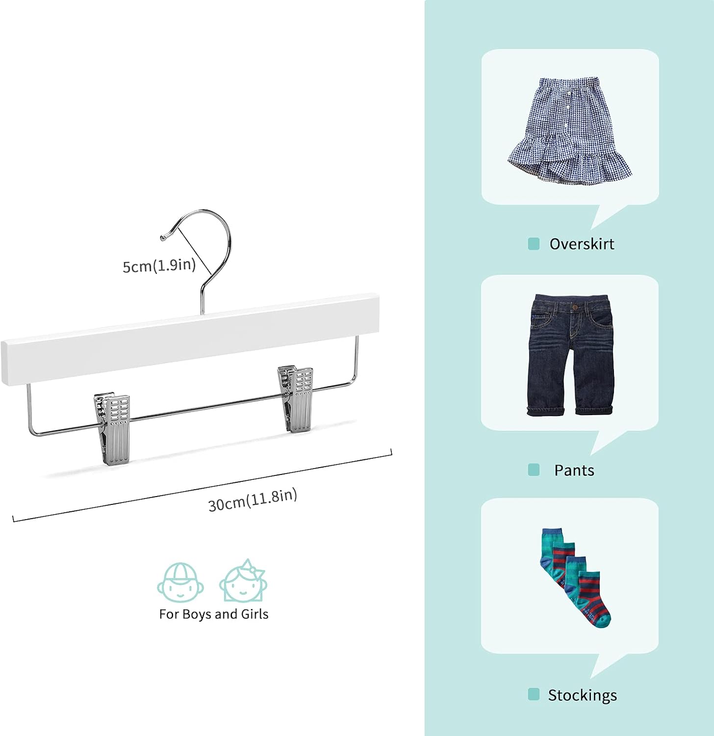 (White/Natural) 11.8' Kids Baby Toddler Children Solid Wooden Pants Hangers, Wood Skirt Hangers, Trousers Bottom Hangers with 2 Adjustable Clips Anti-Rust Hook - Image 9