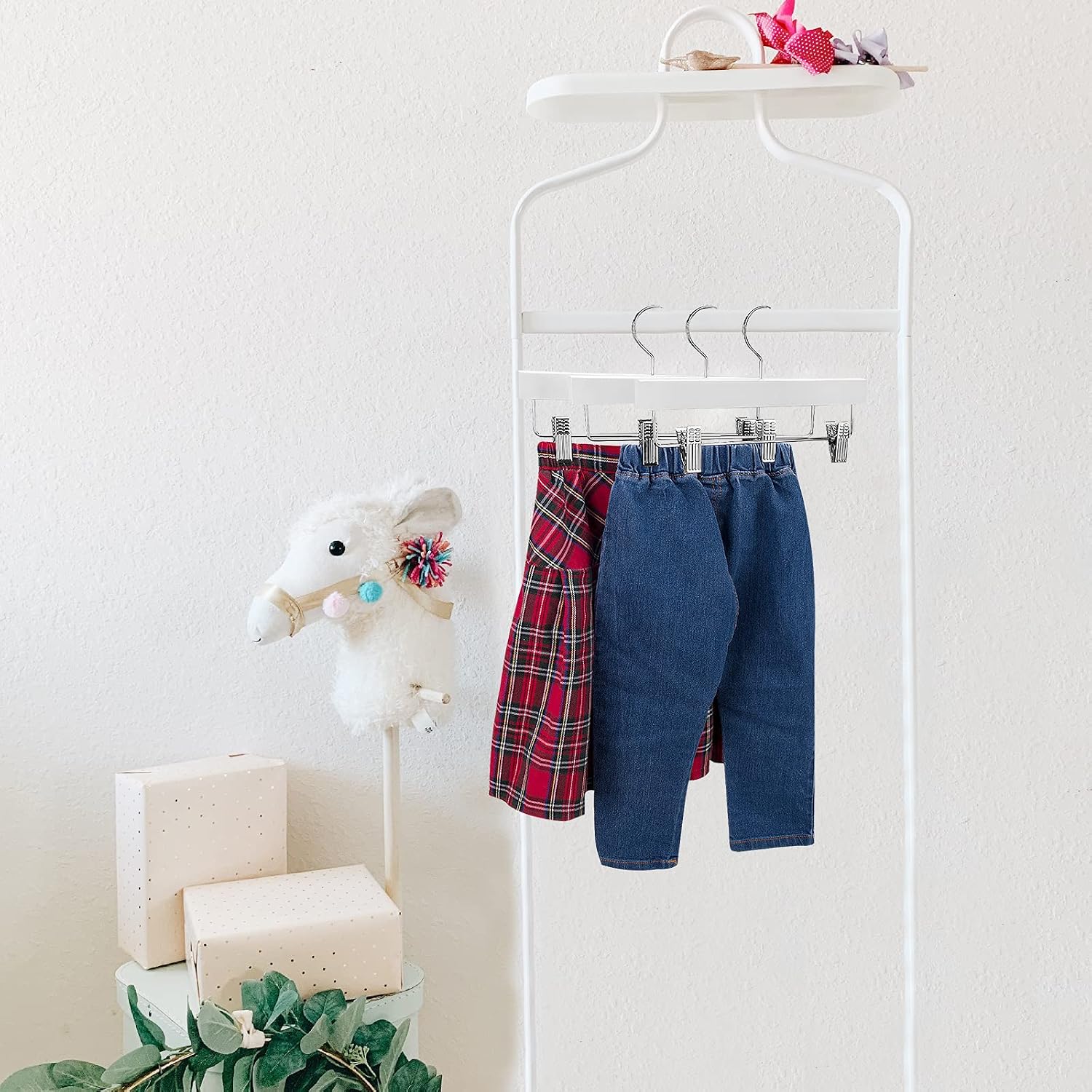 (White/Natural) 11.8' Kids Baby Toddler Children Solid Wooden Pants Hangers, Wood Skirt Hangers, Trousers Bottom Hangers with 2 Adjustable Clips Anti-Rust Hook - Image 11