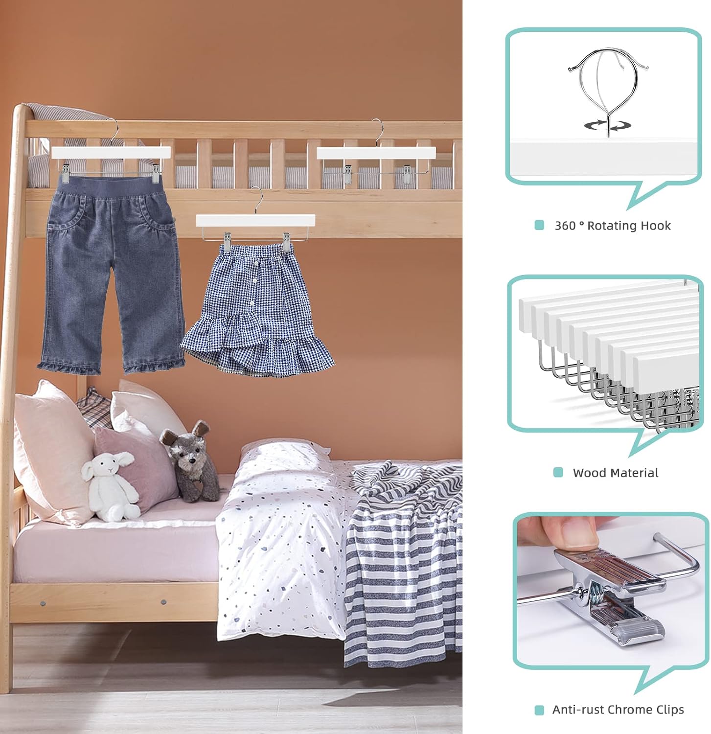 (White/Natural) 11.8' Kids Baby Toddler Children Solid Wooden Pants Hangers, Wood Skirt Hangers, Trousers Bottom Hangers with 2 Adjustable Clips Anti-Rust Hook - Image 10
