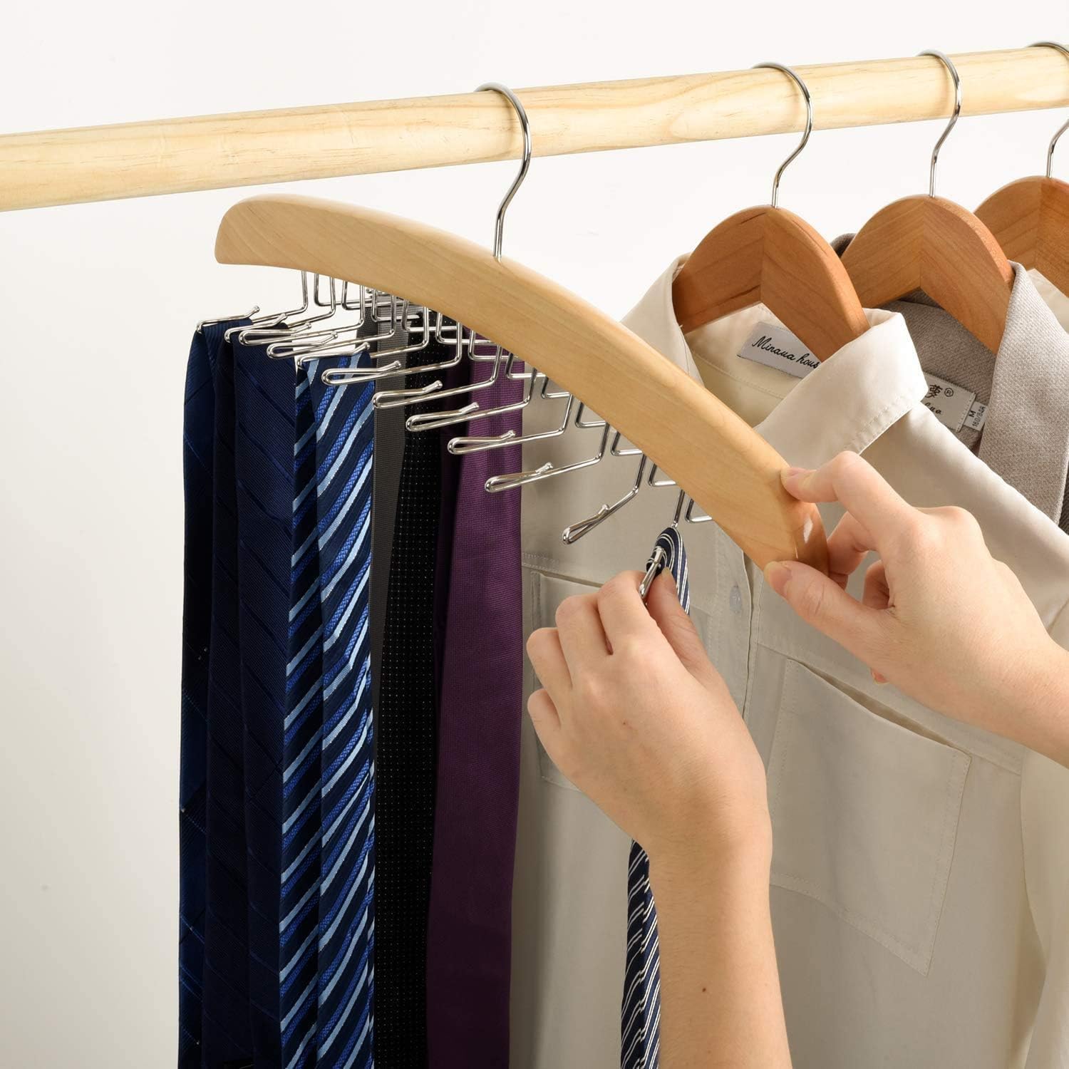 House Day Wooden Tie Rack Hanger (Rotating Twirl Design, 24-Tie Capacity) – Heavy-Duty Belt and Tie Organizer Holder Hook for Closet Storage - Image 5