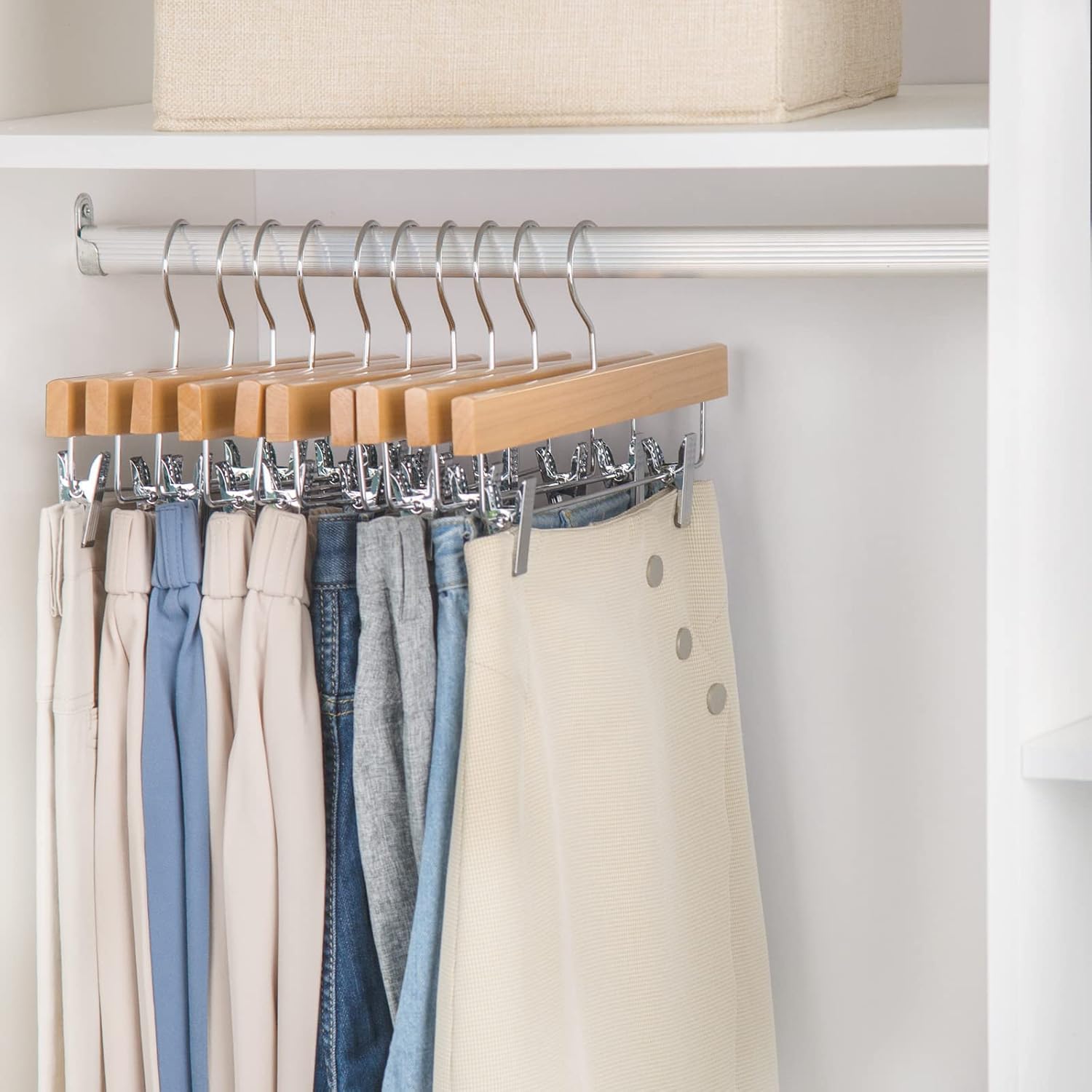 (White/Natural) 11.8' Kids Baby Toddler Children Solid Wooden Pants Hangers, Wood Skirt Hangers, Trousers Bottom Hangers with 2 Adjustable Clips Anti-Rust Hook - Image 5
