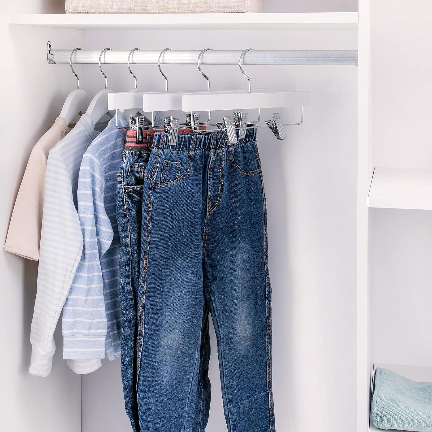 (White/Natural) 11.8' Kids Baby Toddler Children Solid Wooden Pants Hangers, Wood Skirt Hangers, Trousers Bottom Hangers with 2 Adjustable Clips Anti-Rust Hook - Image 12